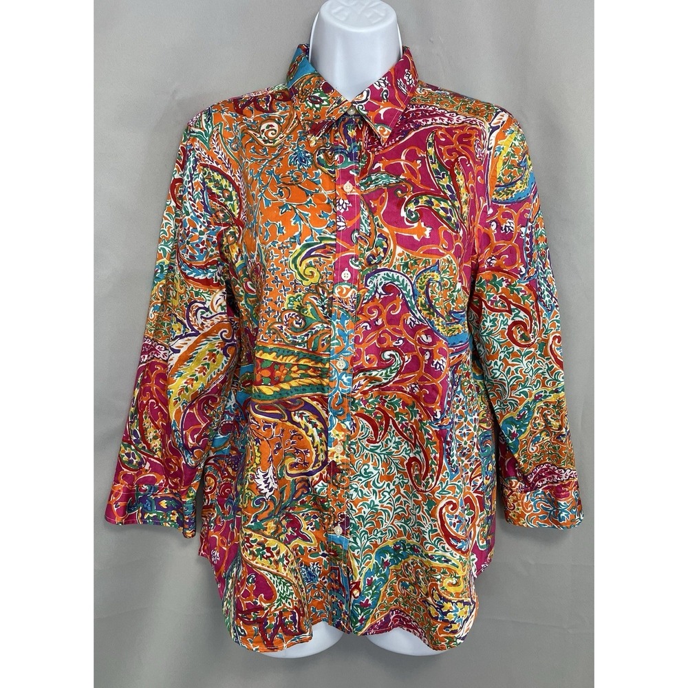 Lauren Ralph Lauren Paisley Blouse Women's Large Button Up Shirt 3/4 Sleeve.‎